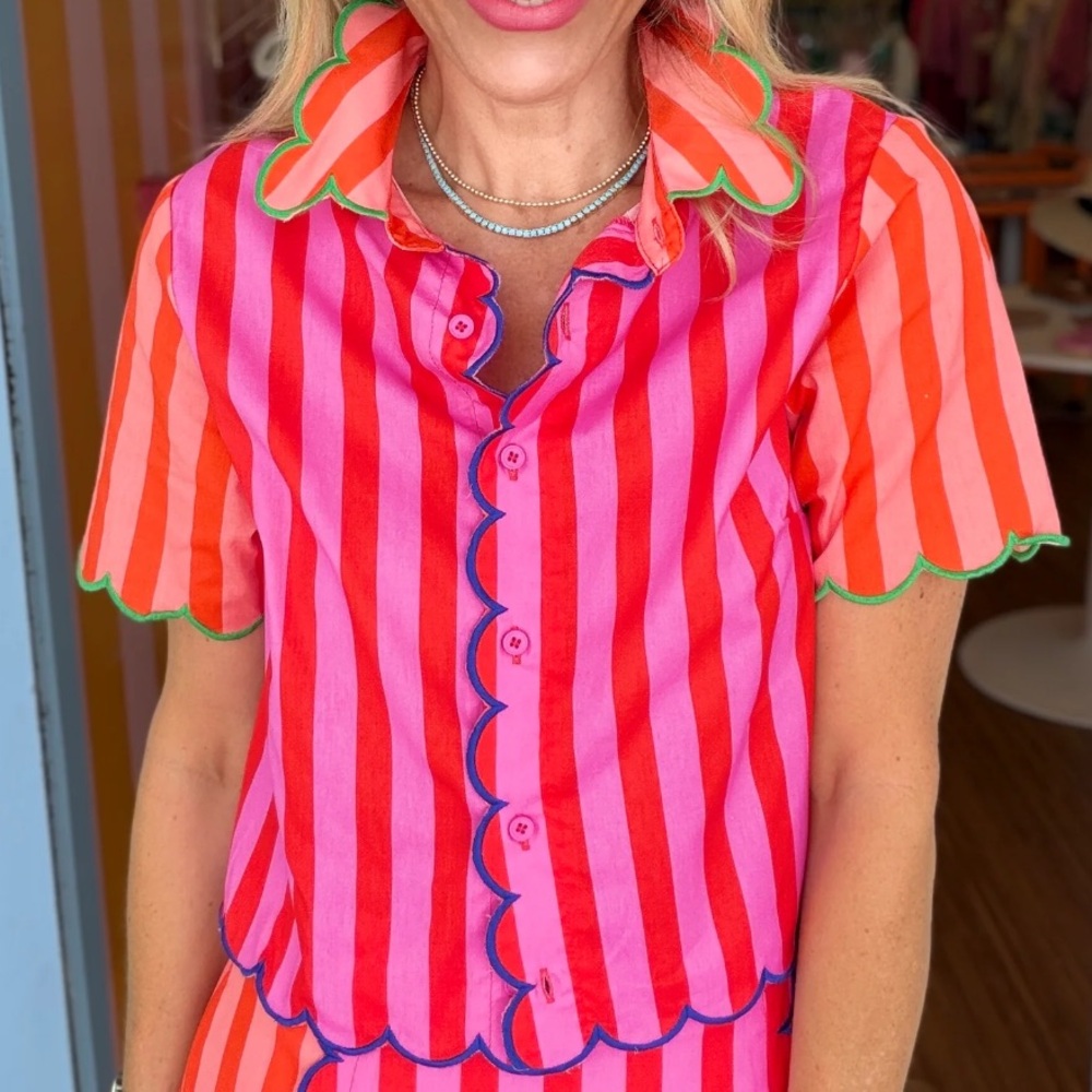 Bright Pink & Orange Striped Button-Front Karlie Top